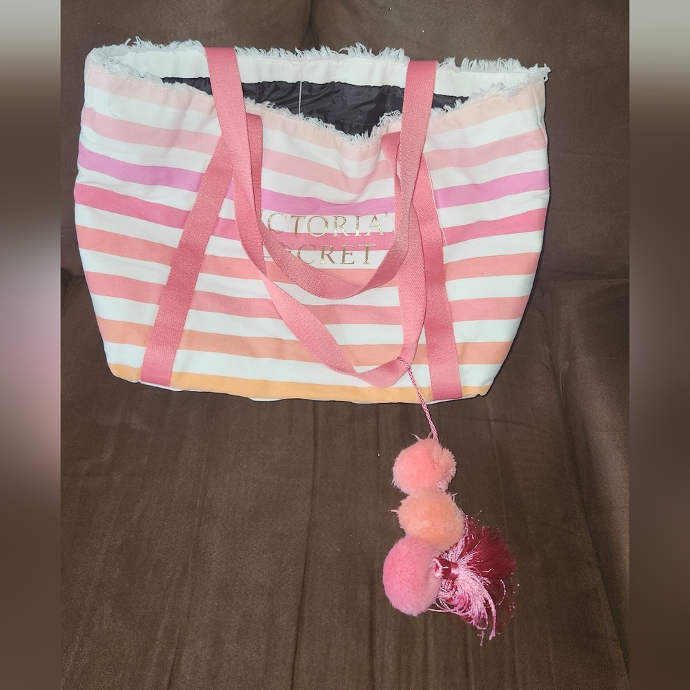 PINK Victoria's Secret Striped Tote Bag - Pink and White